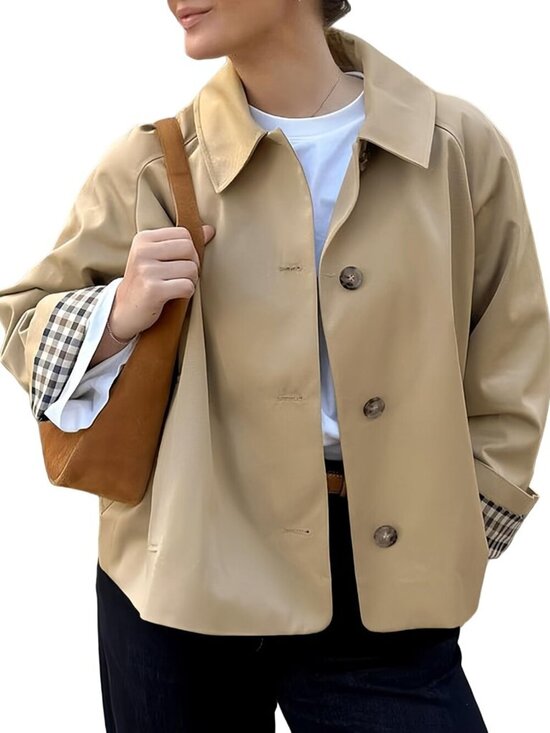 Jackets & Blazers - 🆕 Women Crop Trench Coat Single Breasted Check Lining Lightweight Barn Jackets